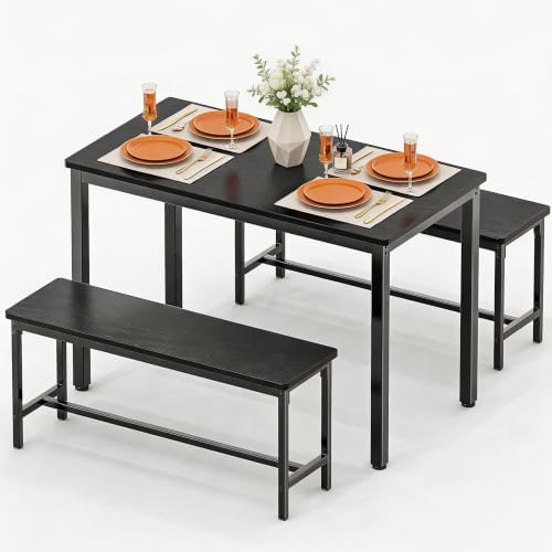 Dining Table Set for 4, 3 Piece Dining Room Table Set for Space-Saving, Modern Kitchen Table with 2 Benchs for Apartment Breakfast Nook and Samll Space, Black by Minicloss