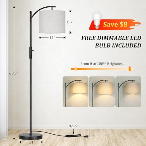 ROTTOGOON Dimmable Floor Lamp, Arc Floor Lamps for Living Room, Stepless Dimming Modern Standing Lamp with Linen Shade, Tall Lamp for Bedroom Office Dining Room- Black - Image 3