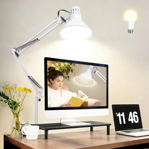 White Desk Lamp with Clamp, Extra-Tall Adjustable Metal Swing Arm, 3000K by Coospider