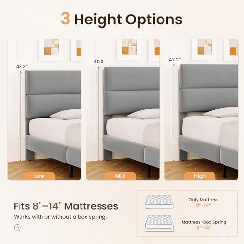 GRUSIGN Full Size Platform Bed Frame with Velvet Headboard, Adjustable Height Wooden Slats Support, Upholstered Mattress Foundation, Fits Mattress or Mattress with Box Spring, Easy Assembly, Grey - Image 3