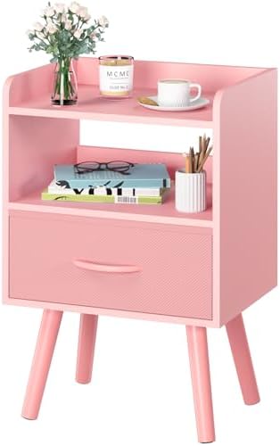 Yoobure Night Stand with Fabric Drawer, Modern Nightstand, Bedside Tables, Mid Century Nightstands with Open Storage Shelf, Wood Bedside Table, Small Night Stands for Bedrooms, 2-Tier Night Table by Yoobure