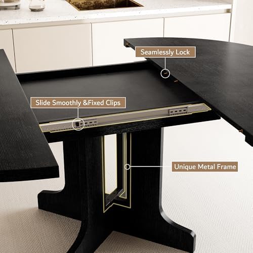 iPormis 5-Piece Round Dining Table Set for 4-6, 59" Extendable Dining Room Table Set with 2 Ergonomic Chairs & 2 Benches, Oval Modern Dinette Table with Metal Frame & MDF Board, Space-Saving, Black - Image 4