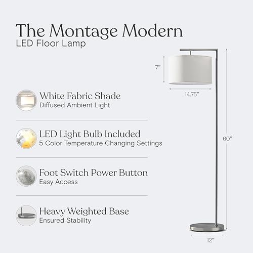 Brightech Montage Modern Floor Lamp - LED Standing Lamp with White Shade and Adjustable Color for Living Rooms & Offices - Tall Corner Bedroom Reading Light for Contemporary Home Decor - Satin Nickel - Image 5
