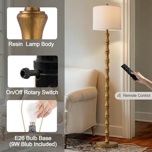 BOBOMOMO 62" Rustic Farmhouse Floor Lamp Antique Gold with Remote & Dimmable 9W Bulb, 3 Color Temperatures Resin Standing Lamp, Retro Tall Lamp for Living Room, Bedroom, Nursery, Office, Reading Nook - Image 2