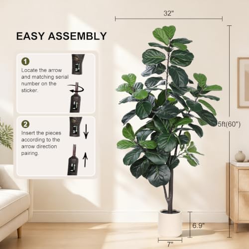 LYERSE Faux Fiddle Leaf Fig Tree 5ft with Sturdy White Planter - Image 4