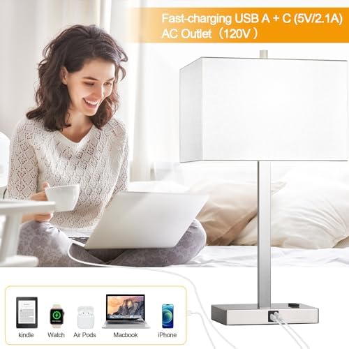 21" Set of 2 Touch Control Table Lamps with 2 USB & AC Outlets, 3-Way Dimmable Modern Nightstand Lamps for Bedroom Living Room Office Reading, White Shade Bedside Lamps, 5000K LED Bulbs Included. - Image 7