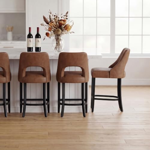UVV Bar Stools Set of 4, Modern Upholstered Counter Height Bar Stools, Faux Leather Counter Stools BarStools with Wood Legs for Kitchen Island Dining Room Bar, Brown by UVVLivetheQualityLife