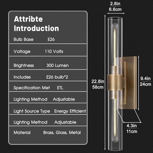 Brass Vanity Light Hardwired, 2-Light Bathroom Wall Sconce Over Mirror, 22.8" Gold Vanity Lights for Bathroom, Dimmable Wall Sconce with Glass Tube, Linear Wall Sconces vertical & horizontal, 1 PC - Image 4