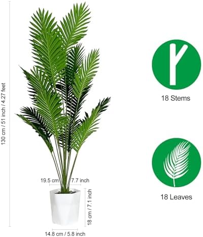 SAJANDAS Set of 2 Artificial Areca Palm Plants in Pots, 51 Inch Fake Tropical Palm Trees with Greenery Leaves and Stems, Faux Dypsis Lutescens Floor Plants for Office, Store, Garden, Home Decoration - Image 4
