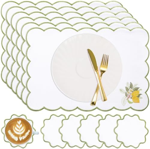 Set of 12 Lemon Cotton Linen Placemats Coaster, 12 x 17 Heat Resistant Embroidery Scalloped Placemats, 4" Summer Kitchen Coaster Double Layered Rustic Dinner Table Decoration(White and Green) by Gandeer