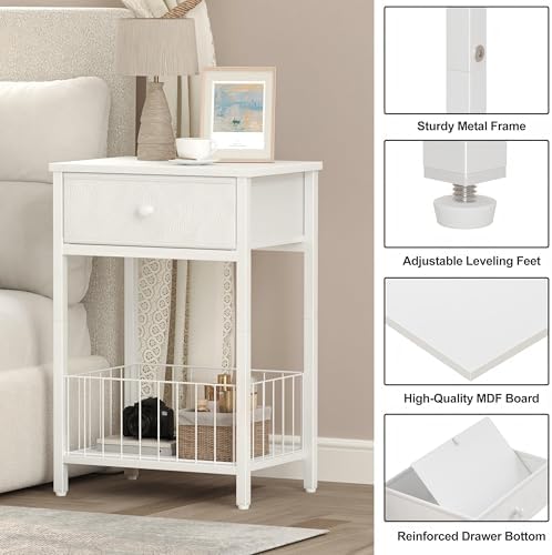 White Small nightstand, White Nightstand, Side Table for Small Spaces, 2 Tiers Storage Shelves End Table, Night Stand for Living Room, Bedroom, Dorm LNT0061W - Image 6