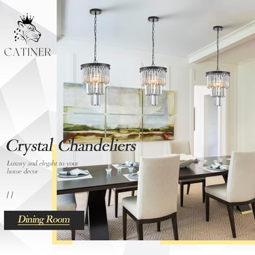 CATINER 12" Smoke Gray Crystal Chandeliers,3 Lights Black Pendant Light - Image 3