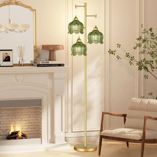 Glass Floor Lamp for Living Room,Bedroom,Gold Mid Century Modern Standing Lamp Brass Tree 3 Light Tall Floor Lamps Vintage Retro Floor Lights Green Flower Lamp Shade Farmhouse Boho Bohemian - Image 3