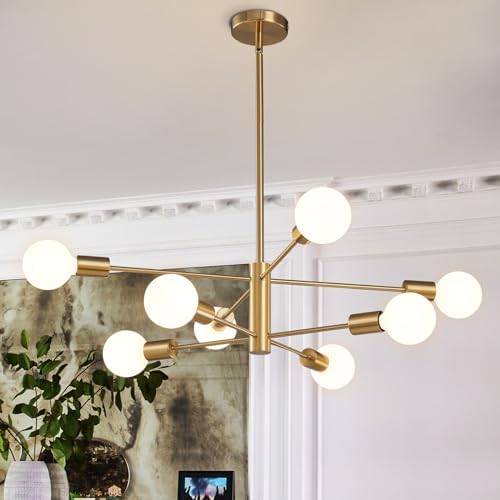 RUIYEY Modern Sputnik Chandeliers Light, 8-Light Gold Dining Room Chandelier Over Table, E26 Mid Century Ceiling Light Fixtures Height Adjustable Hanging Pendant Lighting for Entryway Foyer by RUIYEY