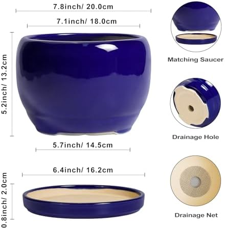SQOWL 8 Inch Plant Pot - Ceramic Planter for Indoor Plants Outdoor, Ceramic Flower Pot with Drainage Hole and Saucer, Modern Round Planter, Bathroom Decor, Gifts for Plant Lovers, Blue - Image 3