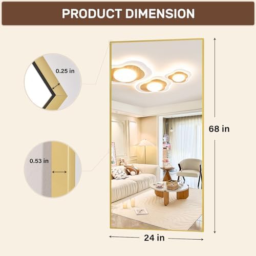 Easly Full-Length Mirror, 24"x68" Floor Mirror with Stand, Wall-Mounted Mirror for Bathroom, Dressing Room - Hanging or Leaning - Full Body Mirrors for Bedroom, Gold - Image 4