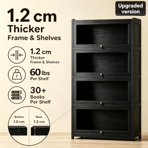 55" Bamboo Bookcases,Book Shelfs with Acrylic Doors,Freestanding Display Storage Shelves for Collectibles,4 Tier Tall Bookshelfs & Bookcases for Living Room Bedroom Home Office - Image 4