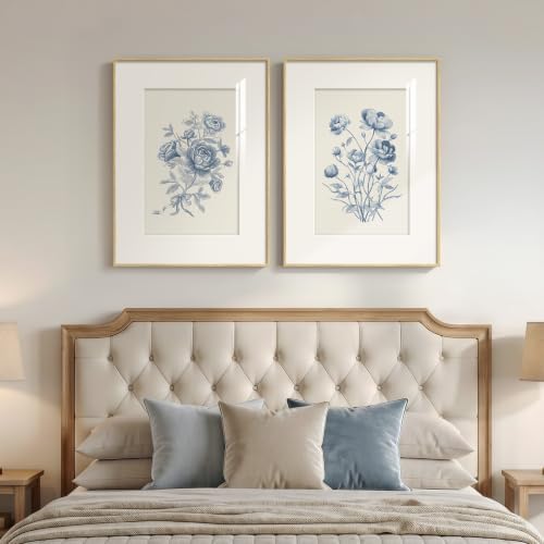 Framed Vintage Blue Floral Botanical Wall Art for Living Room, 2 Piece - Image 3