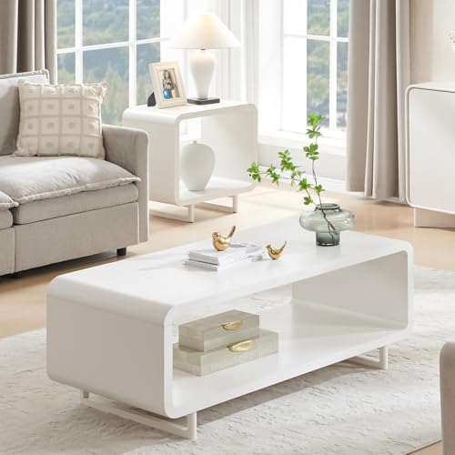 IFGET 48" Modern Coffee Table, 2-Tier Minimalist Curved Center Table, White - Image 3