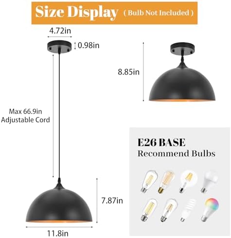 Industrial Pendant Light Fixtures,11.8" Black Dome Pendant Lights,Adjustable Vintage Hanging Lamp for Kitchen Island Restaurant Bar Cafe Dining Room Sink,3 Pack - Image 2