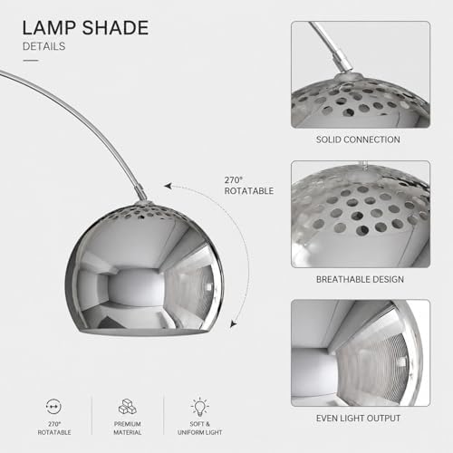 71" Modern Adjustable Chrome Arc Floor Lamp with Dome Shade - Image 3