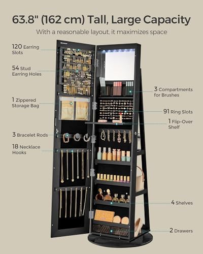 SONGMICS 6 LEDs Mirror Jewelry Cabinet Organizer, 360° Swivel, Lockable - Image 4