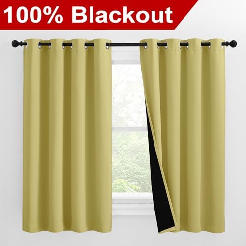 NICETOWN 100% Blackout Curtains with Black Liners, Thermal Insulated Full Blackout 2-Layer Lined Drapes, Noise Cancellation Window Draperies for Dining Room (Paler Yellow, 2 Panels, 55" W by 57" L) - Image 2