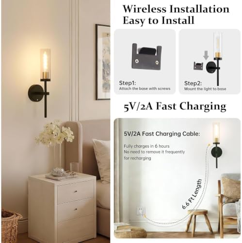 Shenmoyl Set of 2 Wall Sconces, 5200 mAh Battery Operated Wall Sconce with 3 Colors & Remote Control, Black Gold Rechargeable Wall Lamp with Clear Glass Shade for Bedroom, Bathroom, Stairwell, Hallway - Image 6