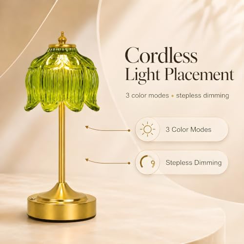 Lotus Flower Table Lamp, Cordless Rechargeable Amber Glass Bedside Lamp | 3600mAh Battery, Touch Control, 3 Color Modes & Stepless Dimming for Bedroom, Nightstand Beryl Green 1PC - Image 2