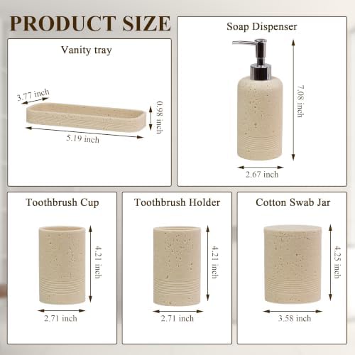Bathroom Accessories Set, 6-Piece Bathroom Accessory Set, Toothbrush Holders Set, Soap Dispenser, Vanity Tray, Tumbler, Cotton Swab Jars, Bathroom Organizer for Modern Bathrooms,Faux Travertine - Image 7