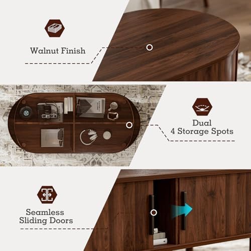 ZttRiee Oval Coffee Table with Sliding Doors, Mid-Century, Walnut - Image 4