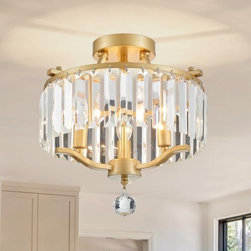 Crystal Gold Chandeliers Modern Farmhouse Small Chandelier 12.2 Inch 3-Light Round Crystal Mini Semi Flush Mount Ceiling Light Fixture for Dining Room Entryway Hallway Kitchen Bedroom Foyer by peksoe