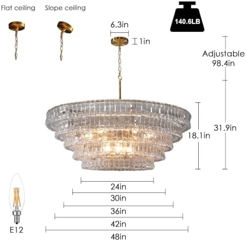 YIOSI Clear Glass 47 inch Round Chandelier for Dining Room, Modern Drum Pendant Light Fixture with Crystal Glass, Gold Large Ceiling Light Perfect for Living Room, Bedroom - Image 3