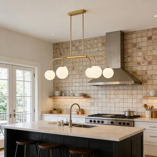 LamQee 41 Inch Mid Century Modern Linear Chandelier, 6 Lights Milk Glass Globe Chandeliers Light Fixture with Gold and White Ball, Large Pendant Lighting Ceiling Hanging for Dining Room Kitchen Island - Image 3