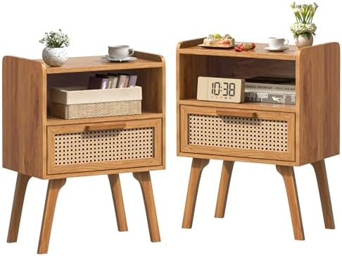 Lerliuo Rattan Nightstands Set of 2, Side Table with Drawer by Lerliuo