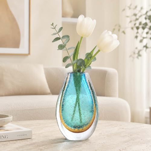 Decorative Glass Flower Vases Blown Vase for Home Decor Living Room Dining Room Shelf Mantel Tabletop Centerpiece Modern Art Deco Style Unique (Green) - Image 4