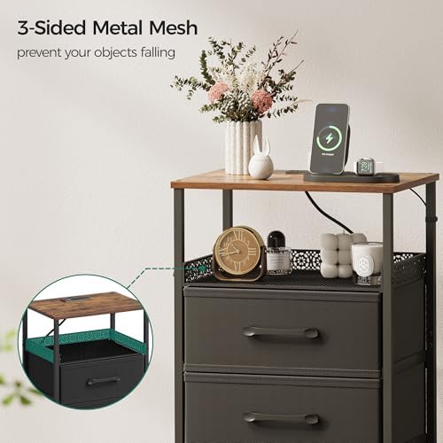 JARHETUN Nightstand Set of 2, Night Stands with Charging Station, 26.4 Inch Tall Bedside Table with Metal Shelf, Modern Side End Table with 3 Fabirc Drawers, Small Dresser for Bedroom, Rustic Brown - Image 5