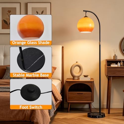 Orange Arc Floor Lamp with Glass Globe Shade, Mid Century Modern - Image 5