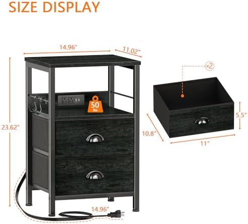 Nightstand with Charging Station for Bedroom, 2 Fabric Drawers, Black Oak - Image 3