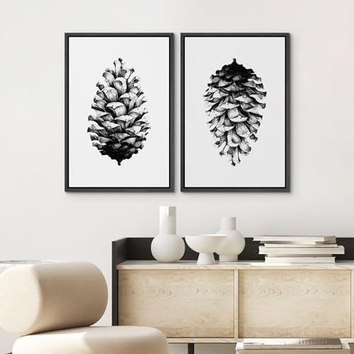 SIGNWIN Framed Canvas Print Wall Art Set Black & White Forest Woodland Pinecone Nature Wilderness Illustrations Modern Art Relax/Calm for Living Room, Bedroom, Office - 24"" x36 x2 Black - Image 3