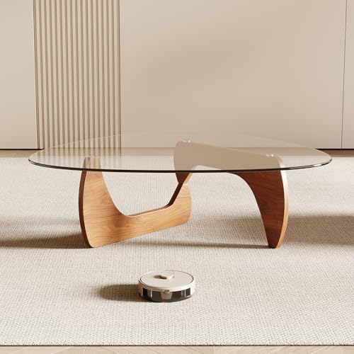 Honyee Morden Coffee Table, 42.5" x 28.5" x 16.1" Triangle Tempered Glass Top for Living Room, Color: Natural Wood - Image 5