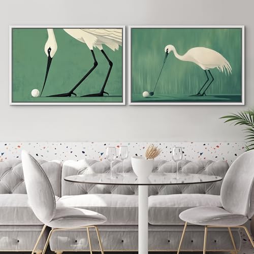 SIGNWIN Framed Canvas Print Wall Art Set Funny Crane Playing Golf Whimsical Bird Illustrations Modern Art Rustic Minimal for Living Room, Bedroom, Office - 16"" x24 x2 White - Image 2