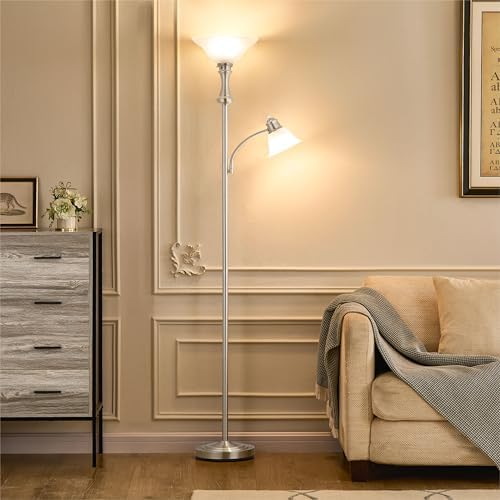Torchiere Silver Floor Lamp with Adjustable Angle Reading Lamp-71IN - Image 4