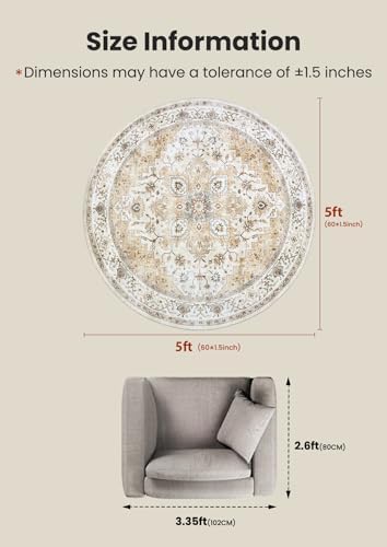 Amada Round 5x5 Washable Area Rug for Living Room, Beige, Vintage Style - Image 2