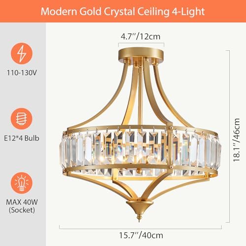 Modern Gold Crystal Chandelier 4 Lights Semi Flush Mount Ceiling Light Fixture E12 Base Farmhouse Mid Century Chandelier for Dining Room Bedroom Hallway Entryway Kitchen - Image 3