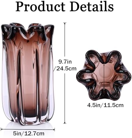 Large Hand Blown Glass Flower vases, Unique Amber Glass vases, Murano Style Wide Mouth vases, Beautiful Vase for Home Living Room, Office, Table centerpieces, Bookshelves and Wedding Decorations - Image 2
