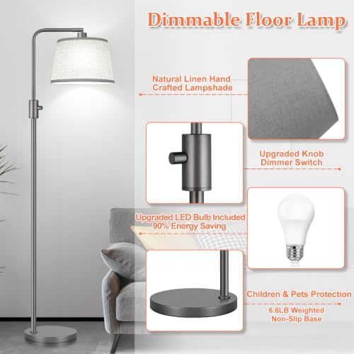 【Upgraded】 Dimmable Floor Lamp, 1000 Lumens LED Edison Bulb Included, Arc Floor Lamps for Living Room Modern Standing Lamp with Linen Shade, Tall Lamps for Living Room Bedroom Office Dining Room-Grey - Image 5