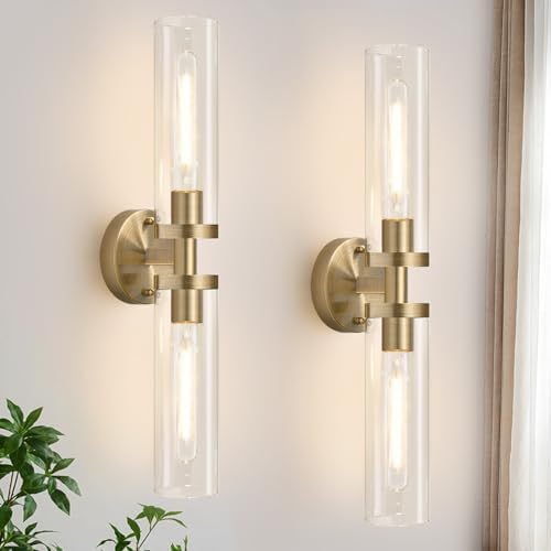 Wall Sconces Set of Two, Hardwired Brass Bathroom Sconces Wall Lighting with Clear Glass, Modern Sconces Wall Decor Set of 2 Vanity Light fixtures for Bathroom Mirror Bedroom (Bulbs Not Included) by Indoibrightenyourbathroom