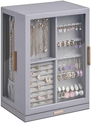 Glimmloop 360° Rotating Jewelry Box with 7 Drawers, Spacious Vertical Jewelry Organizer with Glass Window, Jewelry Storage Case, Dustproof & Moisture-resistant Design, Grey by Glimmloop
