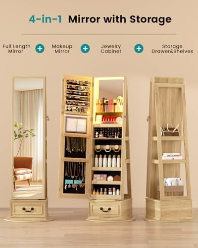 Vlsrka Mirror Jewelry Cabinet Standing with Lights, Lockable, Swivel, Wood - Image 6